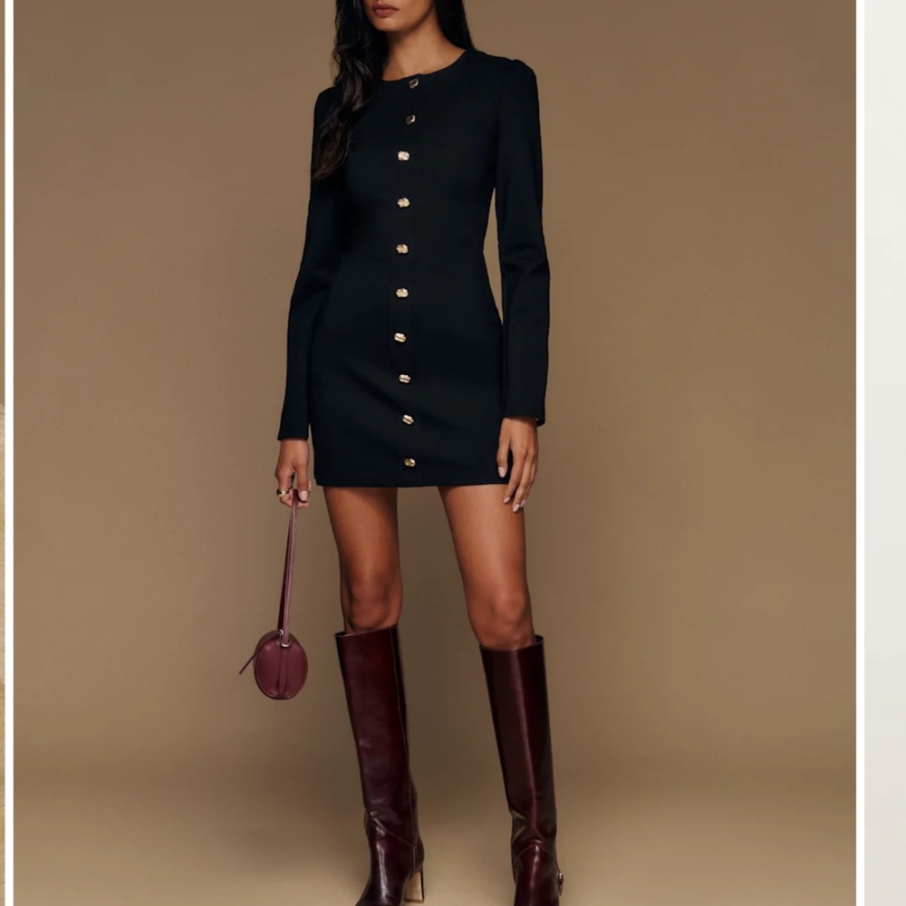 Reformation Black Mini Dress with Gold Buttons